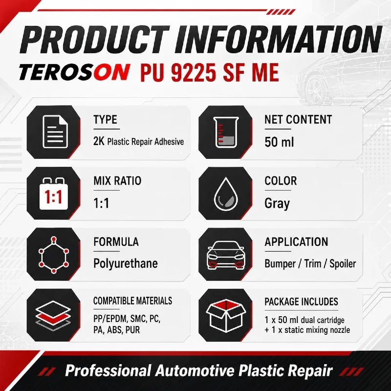TEROSON PU 9225 SF ME 50ml 2K Plastic Repair Adhesive 1:1 Polyurethane Bumper Repair Glue for Car Trim Spoiler