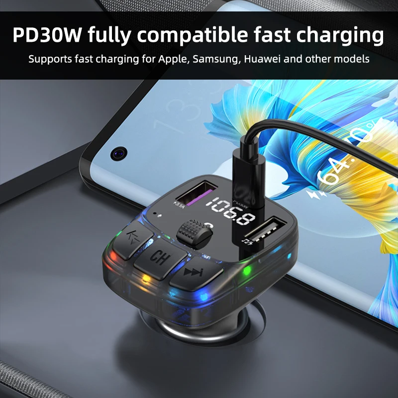 Car FM Transmitter 30W PD Type C Dual USB Fast Car Charge Ambient Light Bluetooth 5.3 Handsfree MP3 Player Car FM Modulator