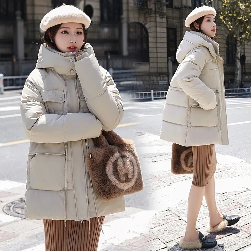 

Женское зимнее теплое утепленное пуховое хлопковое пальто 2025 Новая женская длинная парка с капюшоном Верхняя одежда Корейская свободная хлопковая стеганая куртка с тонкой талией