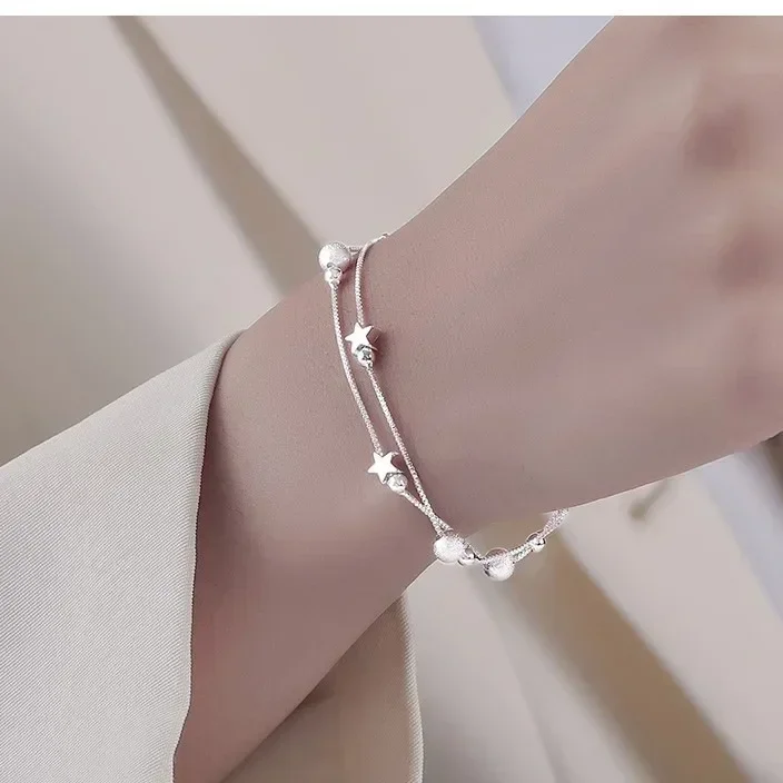 925 Sterling Silver Stars Bead Bracelets For Women Fashion Korean Double Layered Chian Bracelet Designer Party Fine Jewelry Gift