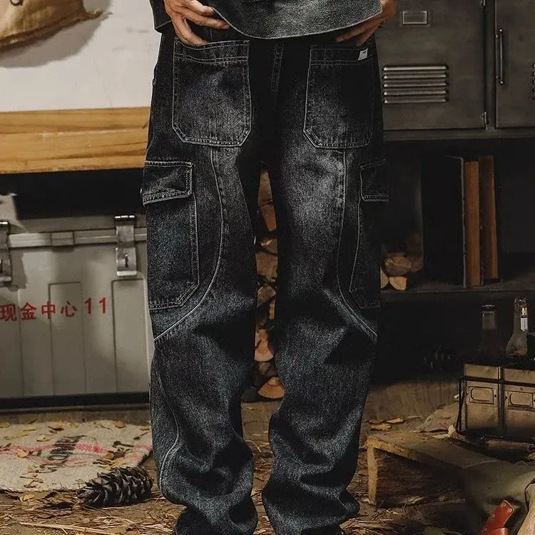 Retro Tooling Jeans Overalls Men's Straight Loose Large Size Straight Autumn Winter New 2025 Washed Cargo Baggy Pants Man