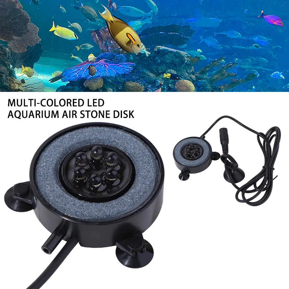 

Convenient LED Fish Tank Light Waterproof Multi-color Air Stone Disk Lamp Round Plastic Aquarium Light Making Oxygen