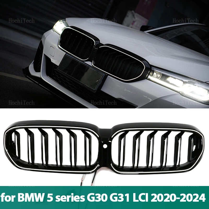 

LED Glossy Black Front Hood Kidney Grille Grill ABS Dual Line for BMW 5 Series G30 G38 G31 Facelift LCI 2020-2023 Car Styling