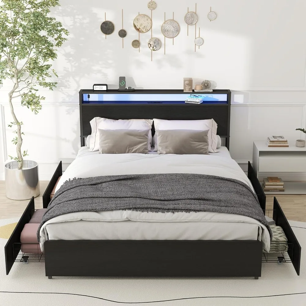 

LED Queen Size Bed Frame with 4 Storage Drawers, Charging Station w/USB Ports & AC Outlets, Sturdy Metal Slat Support, No Noise