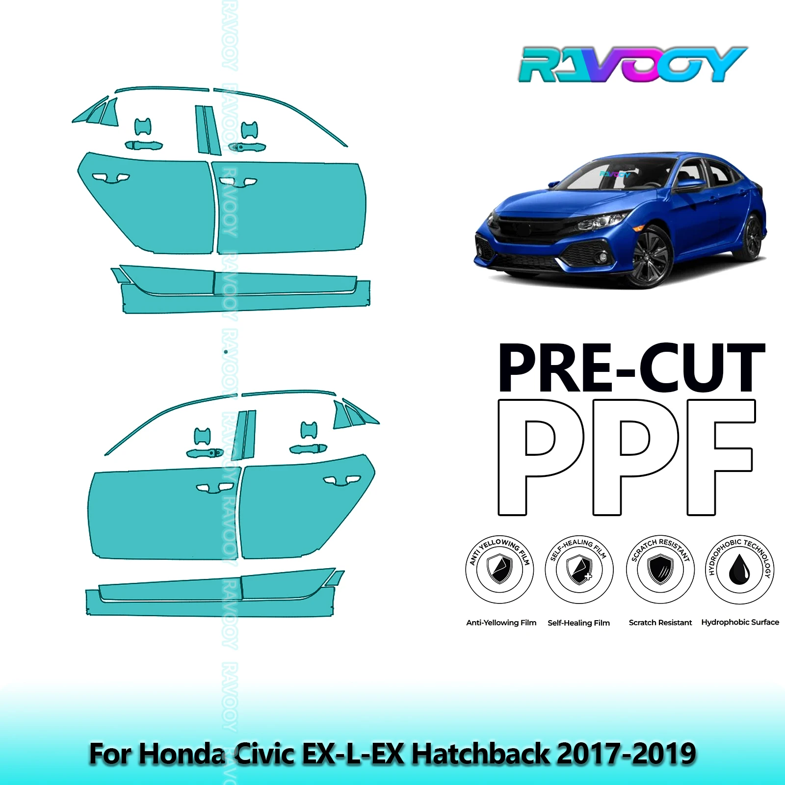 

For Honda Civic EX-L-EX Hatchback 2017-2019 8.5mil Clear Matte Pre-Cut PPF Door & A/B Pillar Kit TPU Paint Protection Film Set