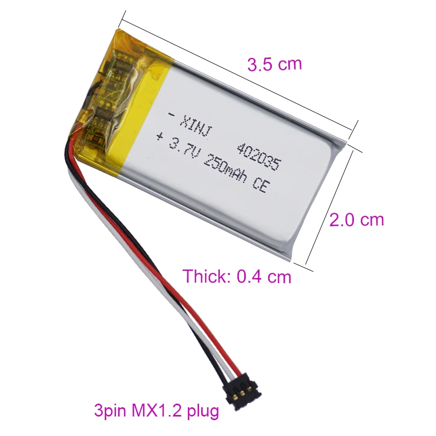 Akumulator litowo-polimerowy 3,7 V 250 mAh 0,92 Wh 402035 Wtyczka złącza JST 3pin MX1.2 do klucza cloud Unifi gen 2