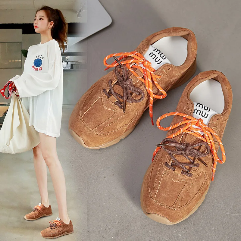 Beige Retro Casual Sneakers For Women Suede Upper With Double Green And Brown Laces Round Toe Comfortable Flat Sole Versatile - view 4