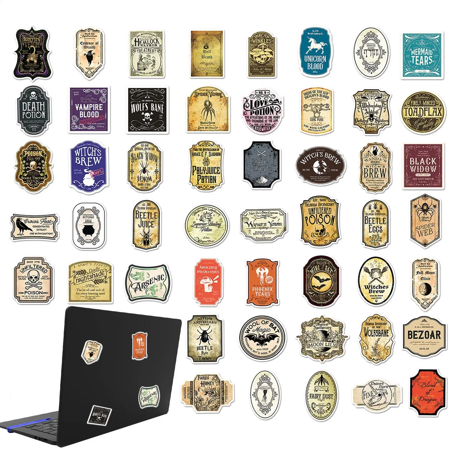 50pcs Potion Label Stickers Decorative Waterproof PVC Cool Trendy Potion Waterproof Stickers Luggage Suitcase Laptop Skateboard