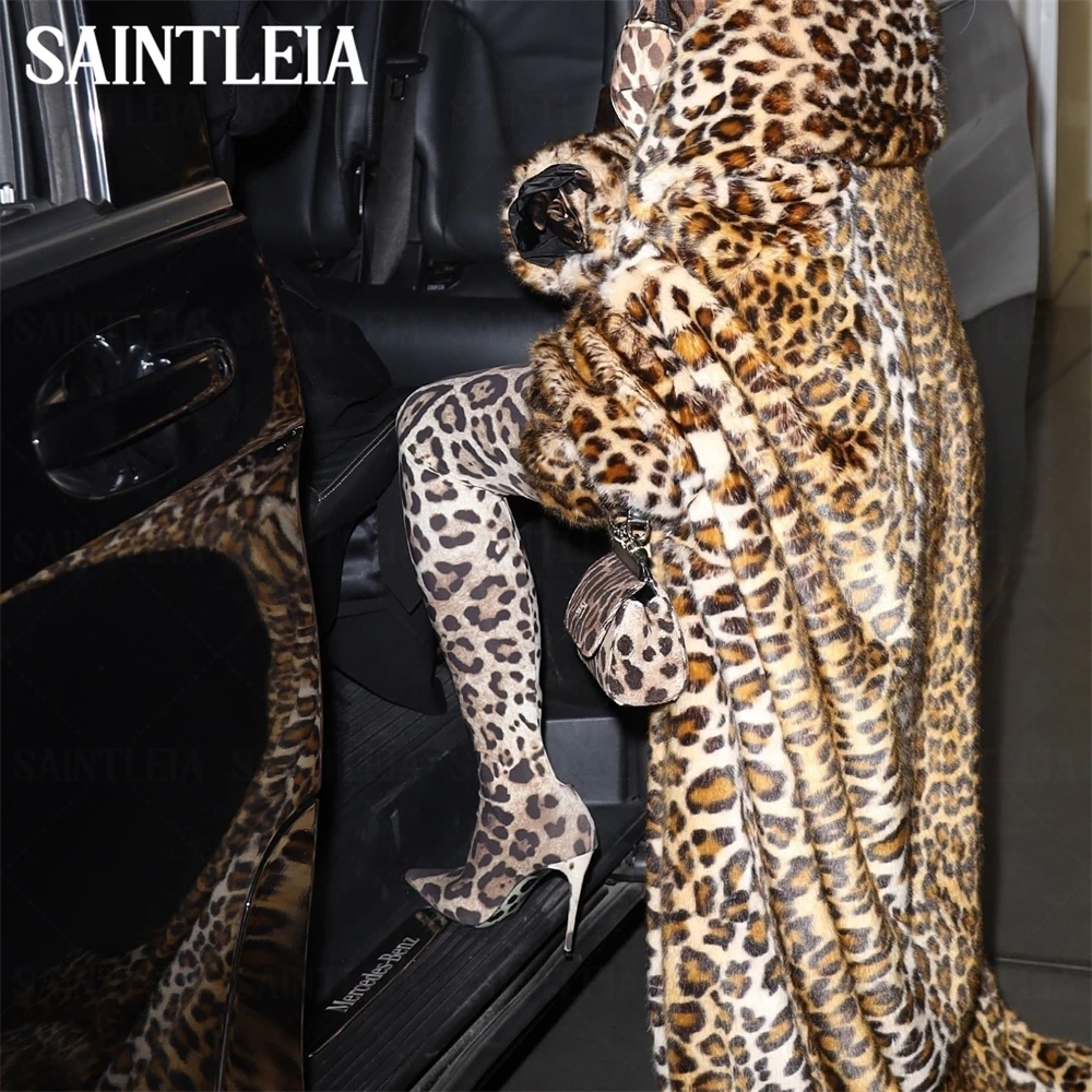 

Leopard Print over the Knee Boots Sharply Pointed Toe Stiletto Women Boots Slip on Style Elastic Boots Women Sexy Handmade Shoes