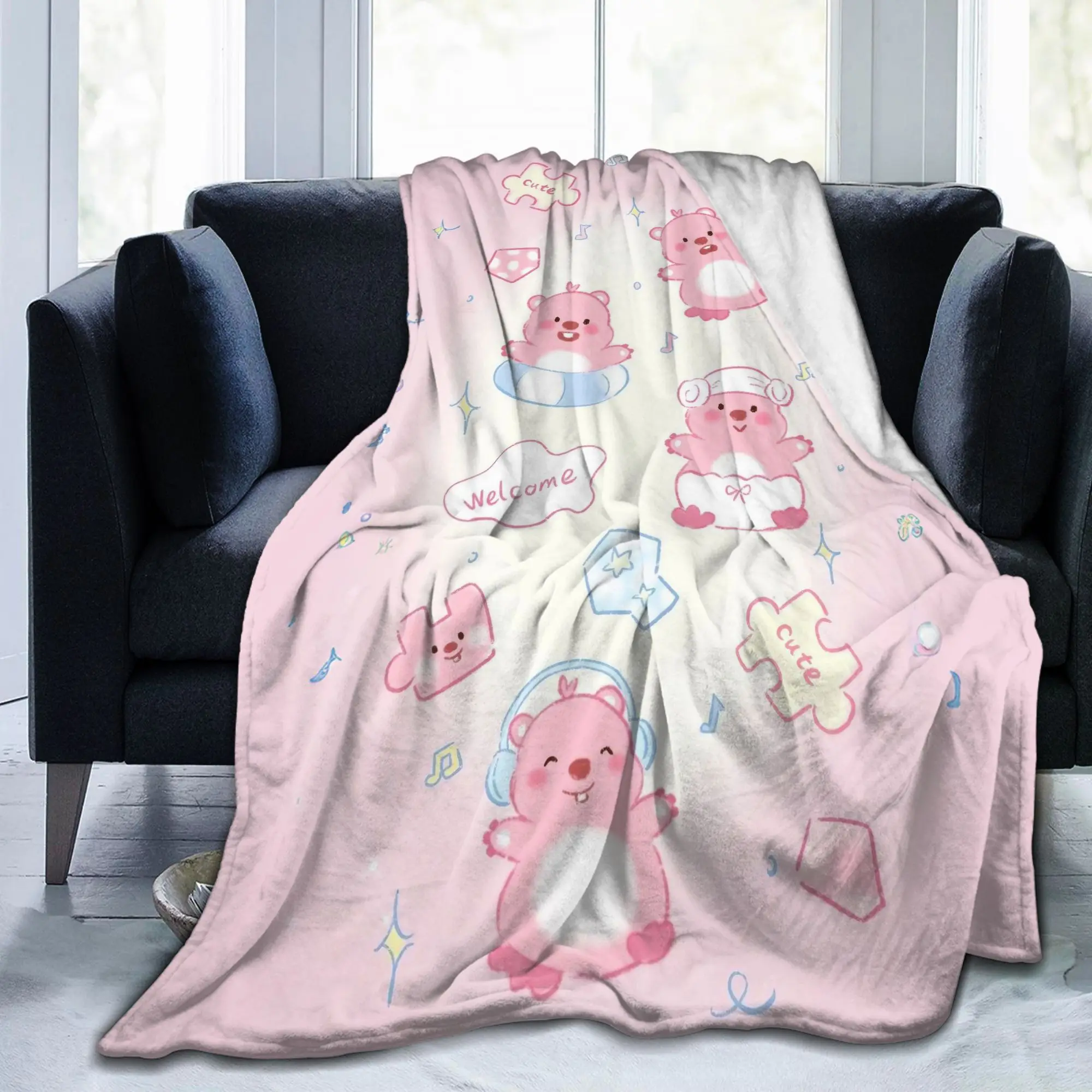 Kawaii Loopy Cartoon Beaver  Blanket Fleece Print Cute Breathable Warm Throw Blankets for Bedding Bedroom Quilt