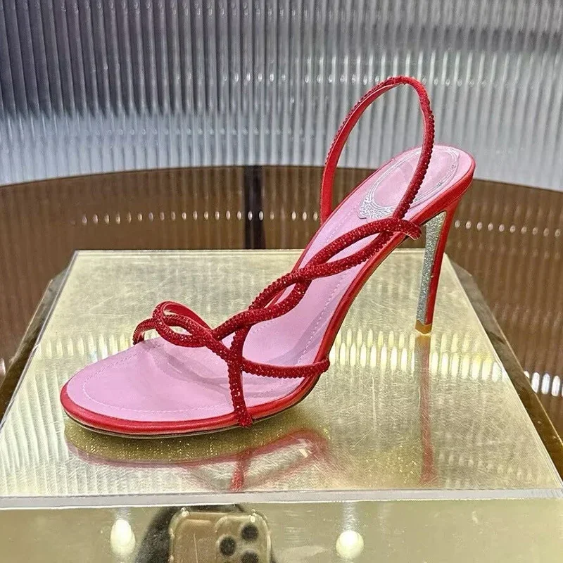 Women's Versatile Open Toe Sandalias Sexy Snake Shaped Cross Shining Rhinestone High-Heeled Sandals Summer Party Dress Shoes