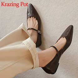 Krazing Pot Cow Leather Round Toe Buckle Straps Women Spring Modern Simple Mature Fashion Mary Janes Summer Cozy Ballet Flats