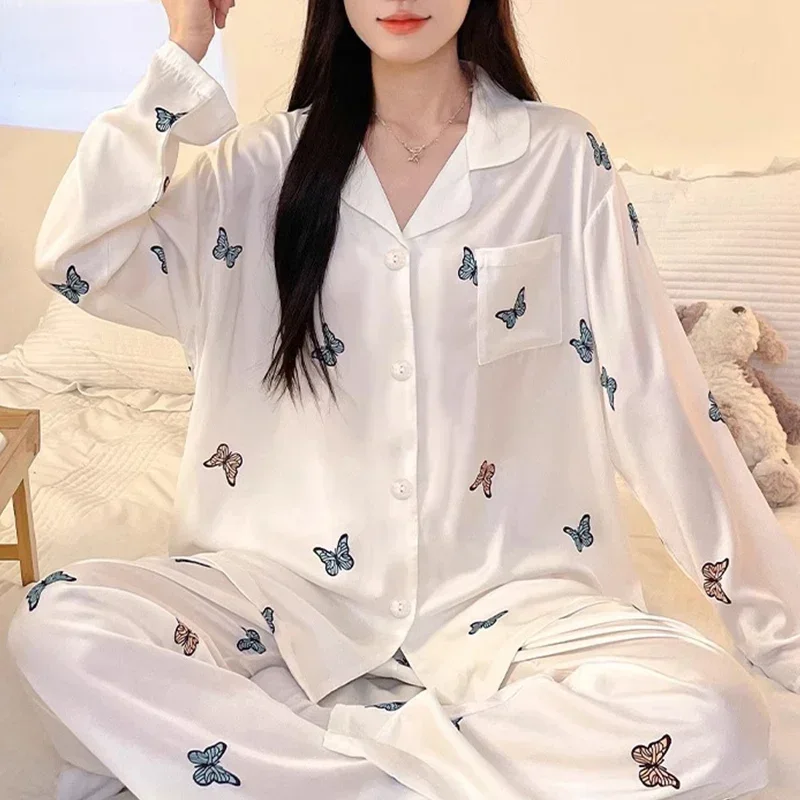2025 ฤดูใบไม้ผลิผู้หญิงชุดนอนผ้าไหมผีเสื้อพิมพ์แขนยาวชุดนอน Leisure Homewear ชุดนอนชุดนอนสําหรับสตรี