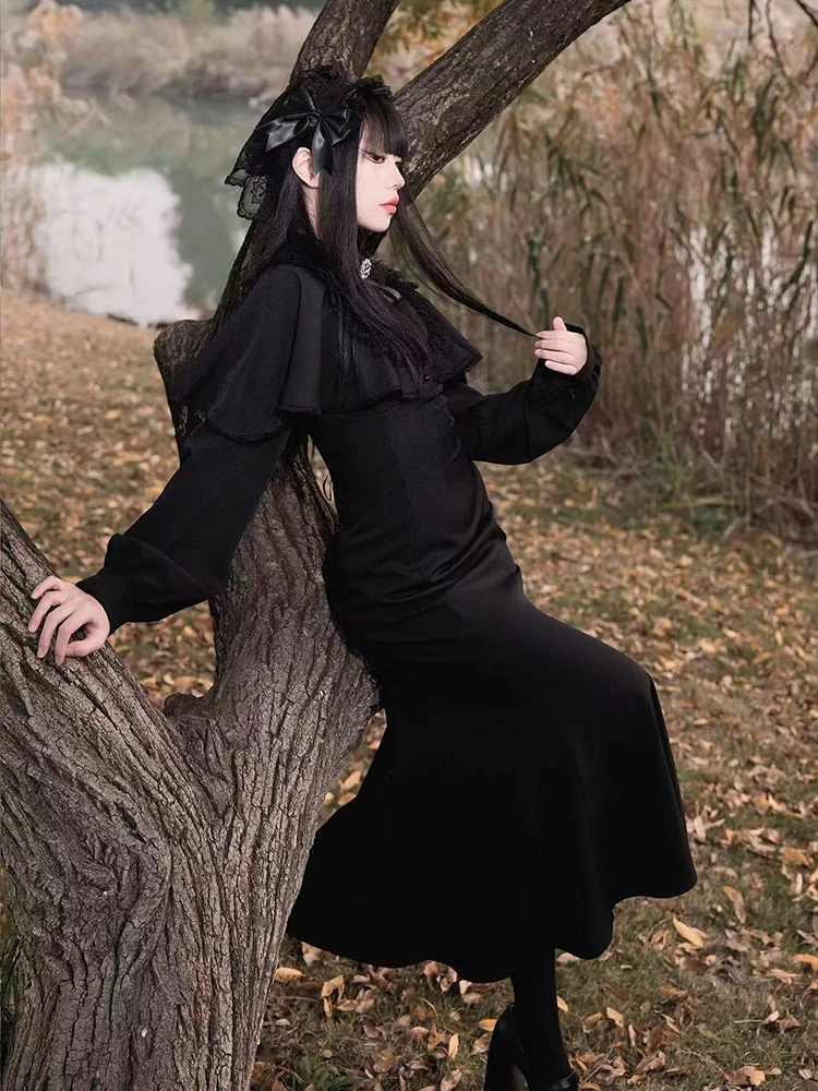 

Японское готическое платье в стиле Y2K с пэчворком, женское, весеннее, с длинными рукавами, в стиле субкультуры, с накидкой, в стиле сладкой Лолиты, темно-академическое, Vestidos Mujer