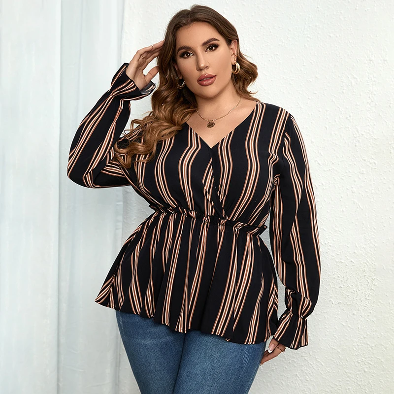 Della Mel-blusas Vintage de manga larga para mujer, Tops con estampado a rayas, cuello en V, volantes sueltos, cintura elástica, Peplum, talla grande, 3XL, 4XL