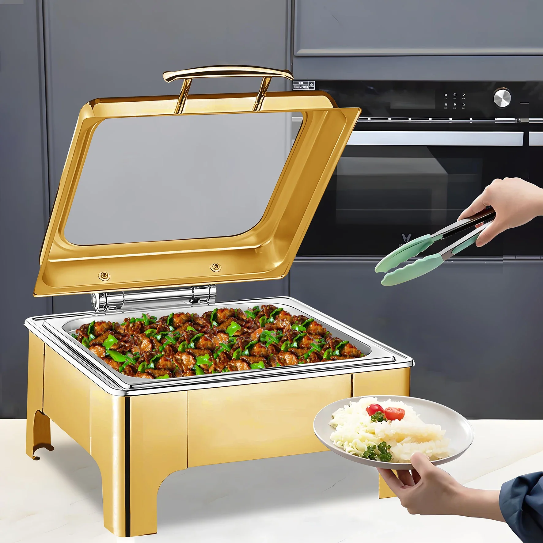 

Для YITIAN квадратная золотая нержавеющая сталь, роскошная специальная цена, шведская плита, жаровня, купольный набор для подогрева супа с большим размером