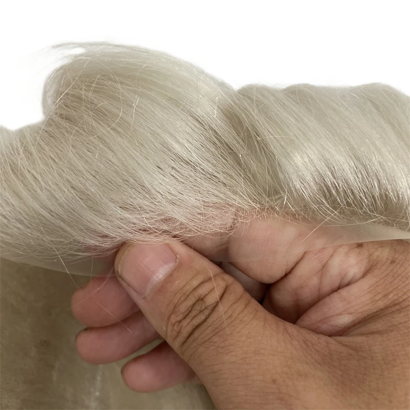 Partes indianas do cabelo humano do Virgin, cor loura da platina, 60RY, 8x10 nós, toupee do plutônio para homens brancos, onda de 32mm 6 polegadas