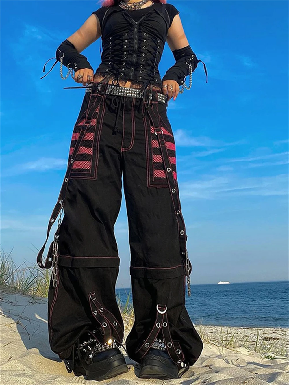 90s Emo Y2k Pants Hip Hop Jeans Retro Women Chain Stripe Gauze Patchwork Wide Leg Kpop Loose Baggy Pants Streetwear Alt Trousers