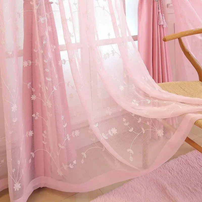 Princess Style Double Curtain Shading French Window Dream Bedroom Pink Wedding Room Cloth Curtain Plus Sheer Curtain