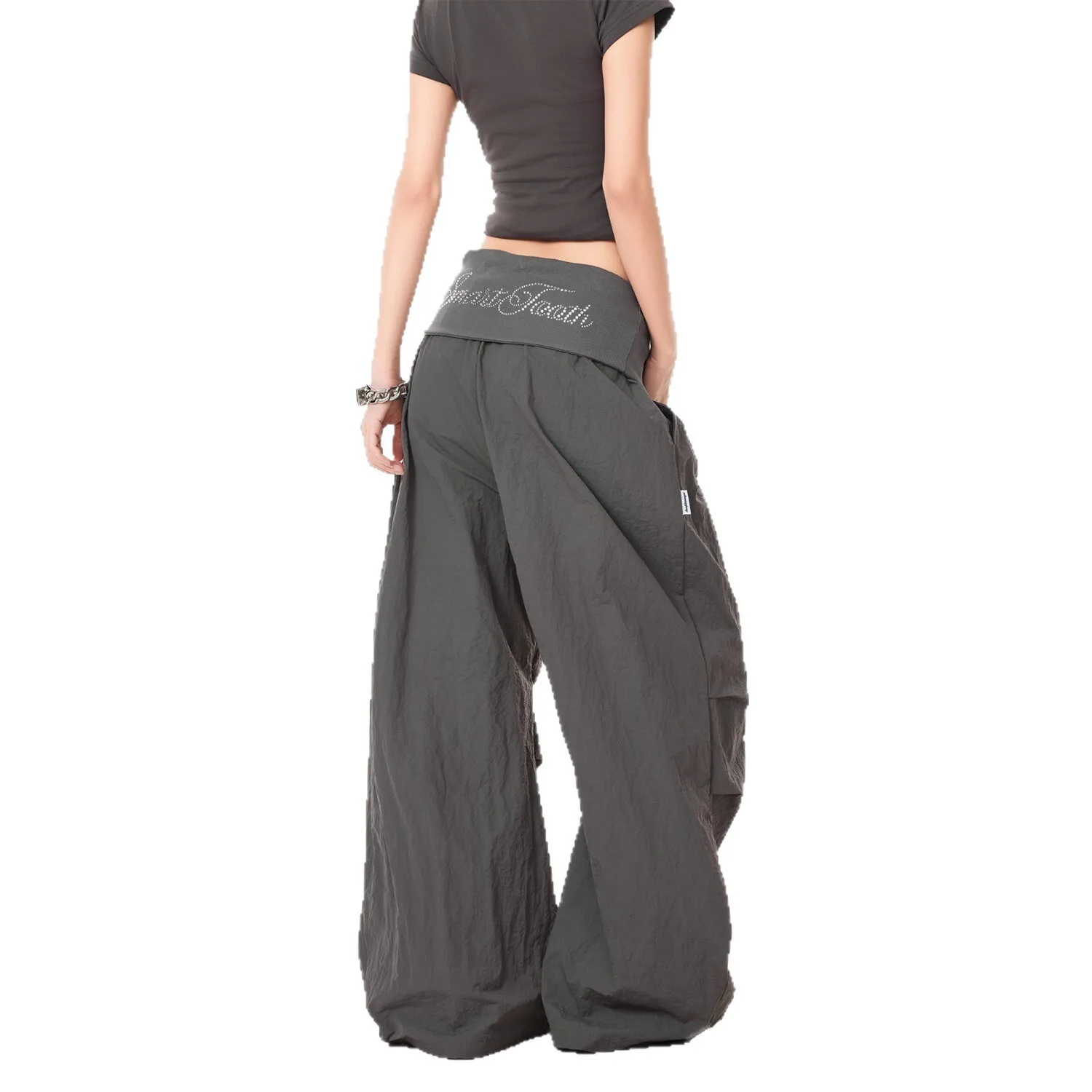 Women Wide Leg Pants 2025 Autumn New Retro High Waist Pants Embellished Foldover Low Rise Wide Leg Jazz Dance Casual Trousers