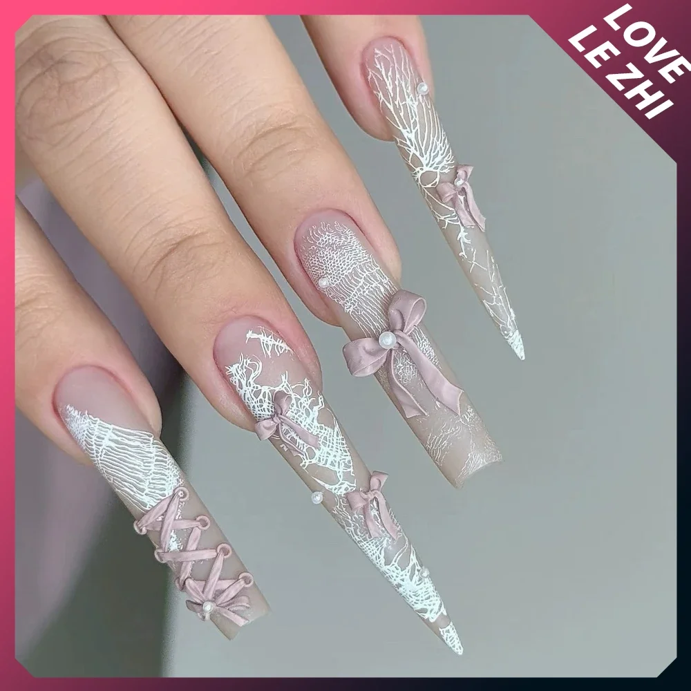Spice Girl Handmade Long Square Tip Wearable Fake Nails Metal Rivet Diamond Bowknot Cat Eyes Flowers Stars French Press On Nails