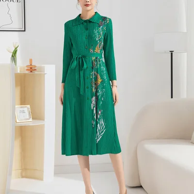 

HOT SELLING Miyake Fashion Intellectual apricot elegant lapel print lace single-breasted frilly dressIN STOCK