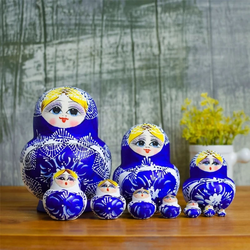 Set Boneka Rusia Baru berisi 10 Matryoshka Kayu yang Dilukis dengan Tangan untuk Seni