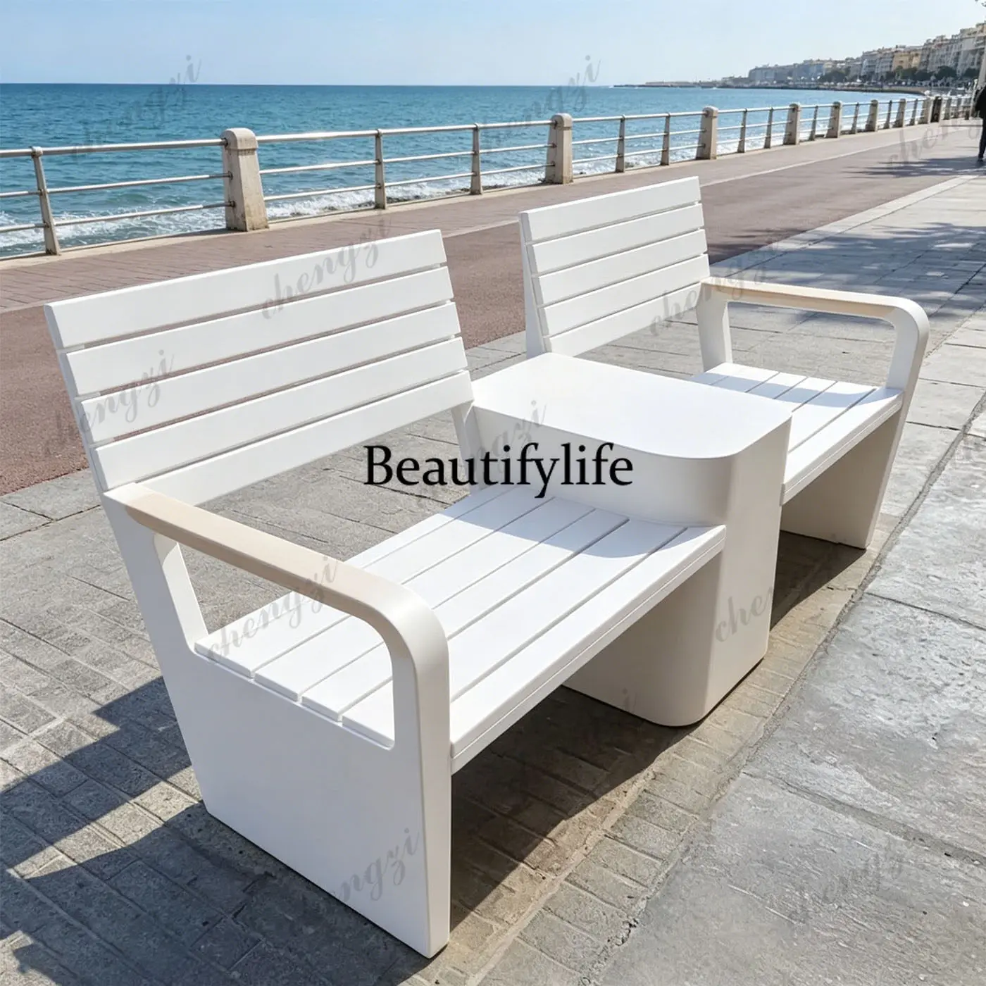 Modern simple double leisure chair plastic wood seat shopping mall rest area street outdoor public seat