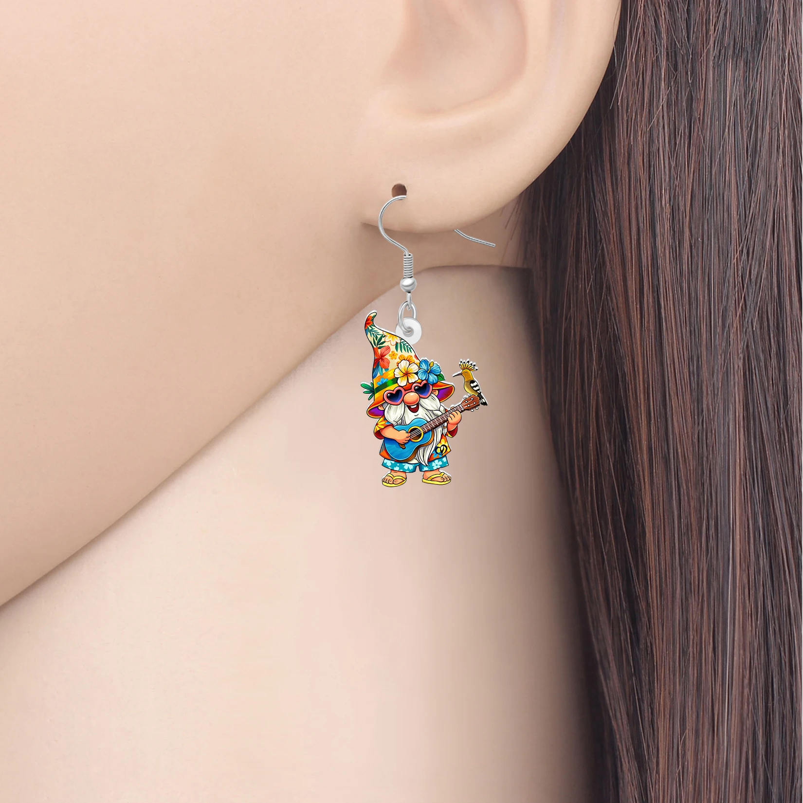 BONSNY Acrylic Hawaii Gnome Dangle Earrings Funny Dwarf Ukulele Charms Tropical Summer Holiday Jewelry For Women Girls Mom Gifts
