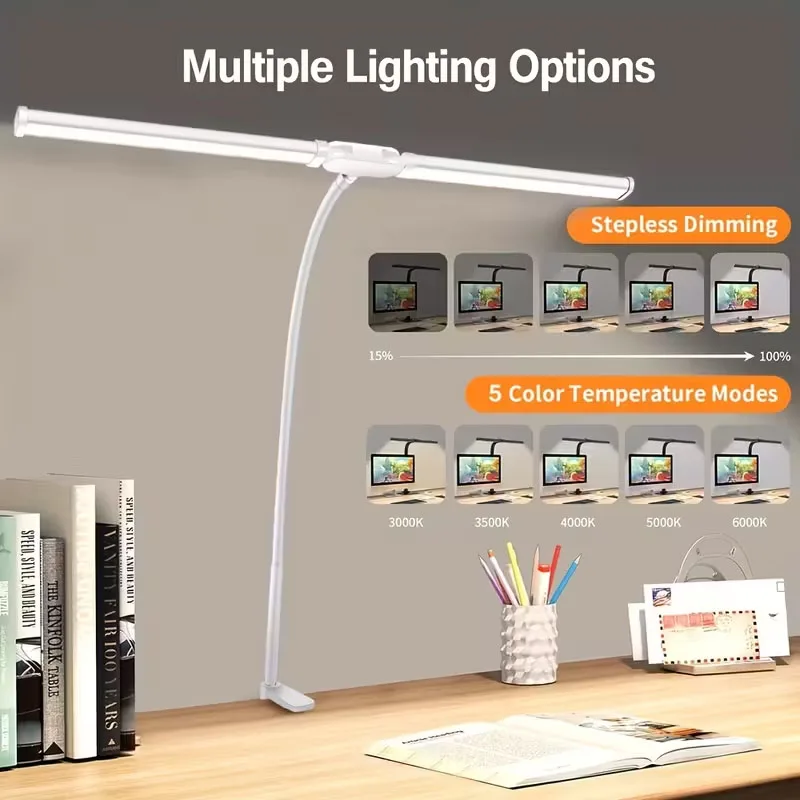 2-Head LED Desk Lamp Clip 5 Modes 10 Brightness Levels Adjustable Angle USB Suitable for Reading Learning Piano Monitor Office