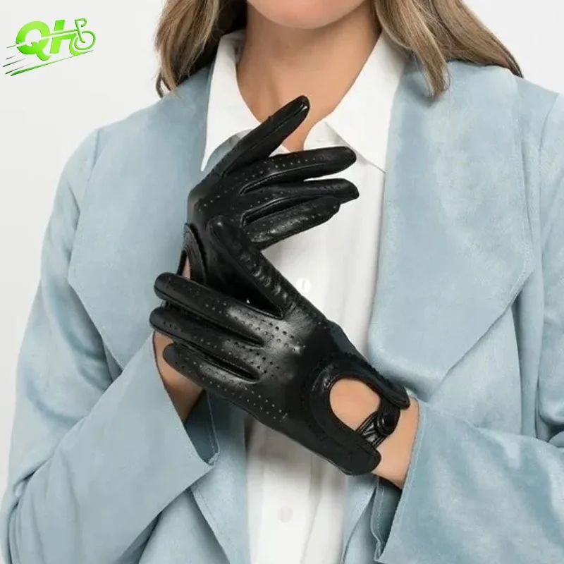 

Elegant Fashion Leather Gloves Women Electric Bike Driving Genuine Sheepskin High-Quality Perforate Breathable moto Accesorios