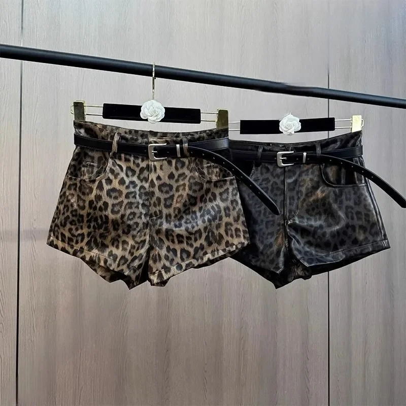 American Retro Leopard Print Shorts Women's Spring Autumn Fashion High Waist Casual Pants A-Line Hip Cover PU Leather Pants