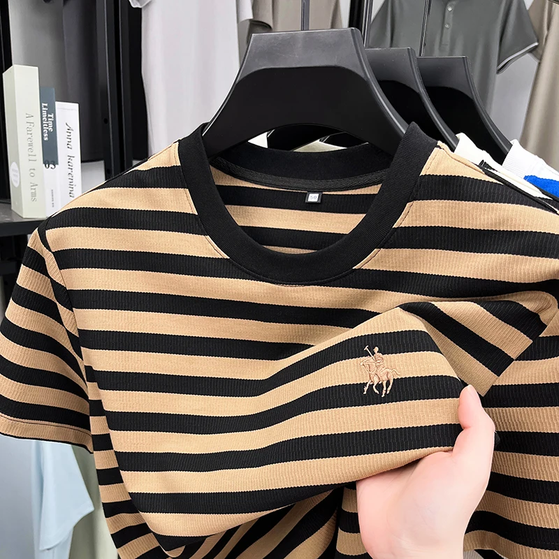 

Высокое качество мужская футболка с короткими рукавами модный бренд Paul пони вышивка летний комфорт отдых классический полосатый Круглый воротник блузка