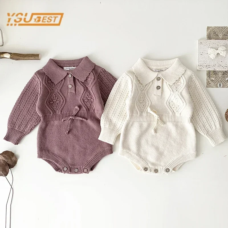 

Spring Autumn Infant Kids Baby Girls Long Sleeve Solid Color Hollow Out Knit Jumpsuit Newborn Baby Girls Clothes Rompers