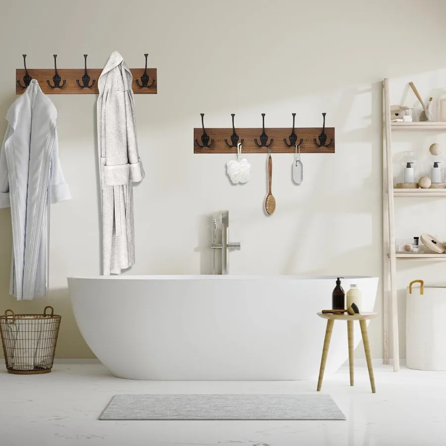 ราวแขวนเสื้อผ้าติดผนังแบบ 2 ชิ้น ขนาด 17 นิ้ว สีไม้เก่า ราวแขวนเสื้อผ้าไม้สไตล์ Rustic พร้อมตะขอโลหะ สำหรับทางเข้าห้องนั่งเล่น