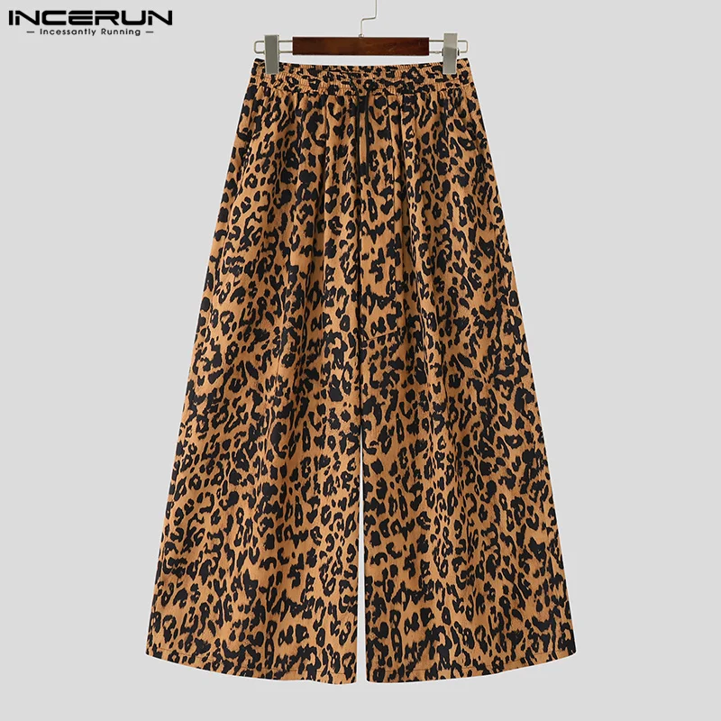INCERUN Men Wide Leg Pants Leopard Printing Drawstring Joggers Casual Trousers Men Streetwear 2025 Oversize Pleated Long Pants