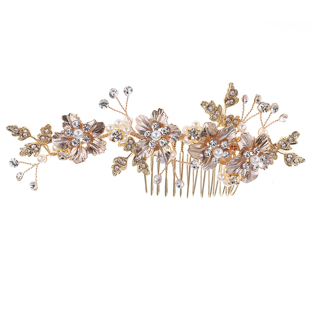 

Golden Alloy Bridal Hair Comb Leaf Pearl Rhinestone Wedding Headpiece Bride Bridesmaid Party Hairpin Accessories