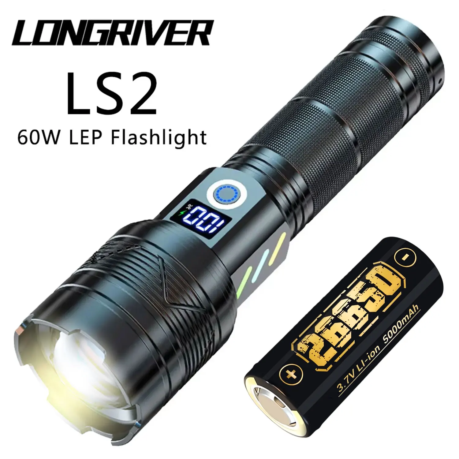 

60W Strong Light Long Range LEP Flashlight USB Rechargeable 26650 5000mah Battery Outdoor Tactical Zoom Super Bright Torch