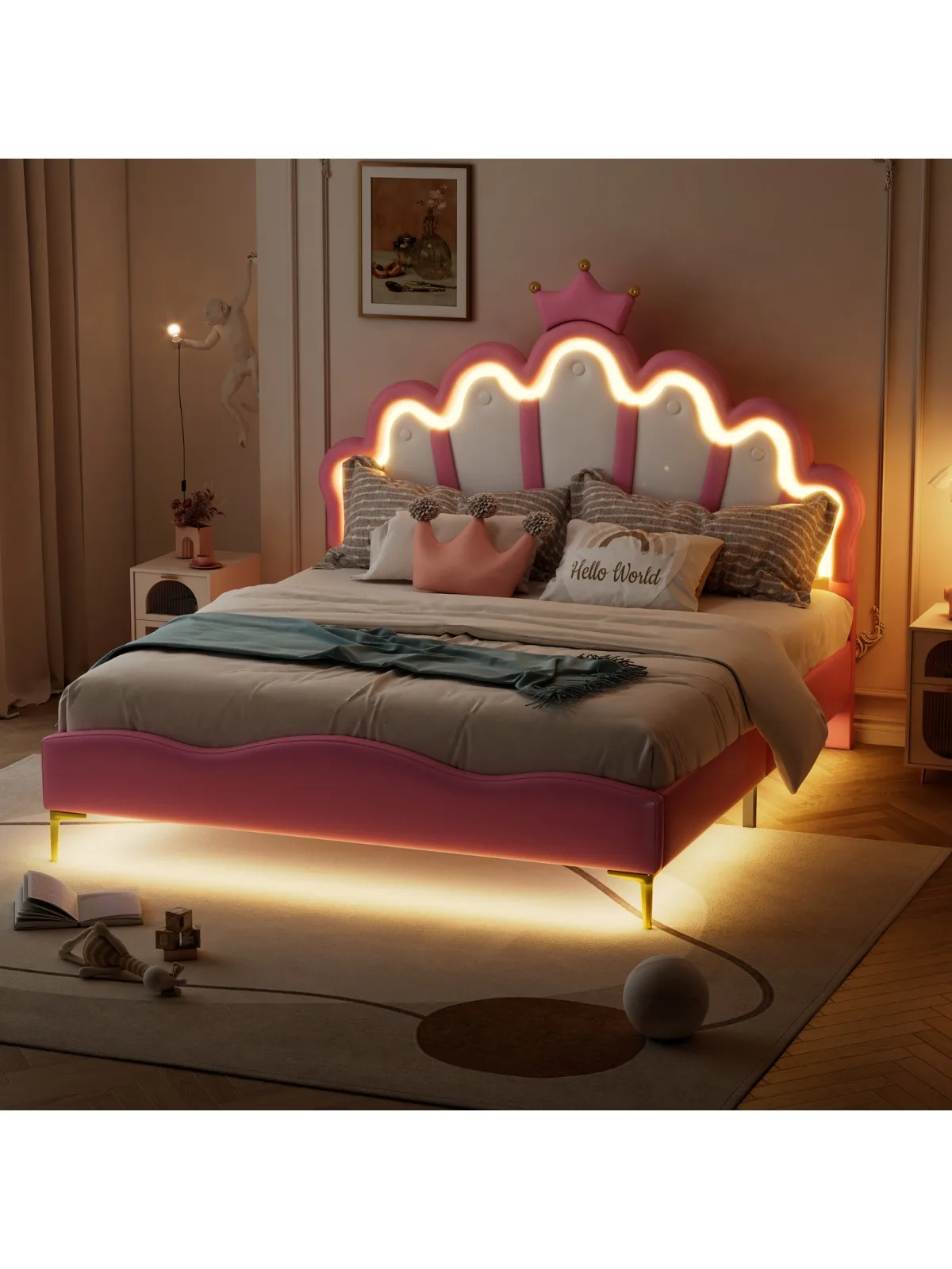 Kinderbed 90/140x200cm met LED-verlichting en kroonvormig hoofdeinde, gestoffeerd bed met lattenbodem, PU-leer, roze, wit - afbeelding 2