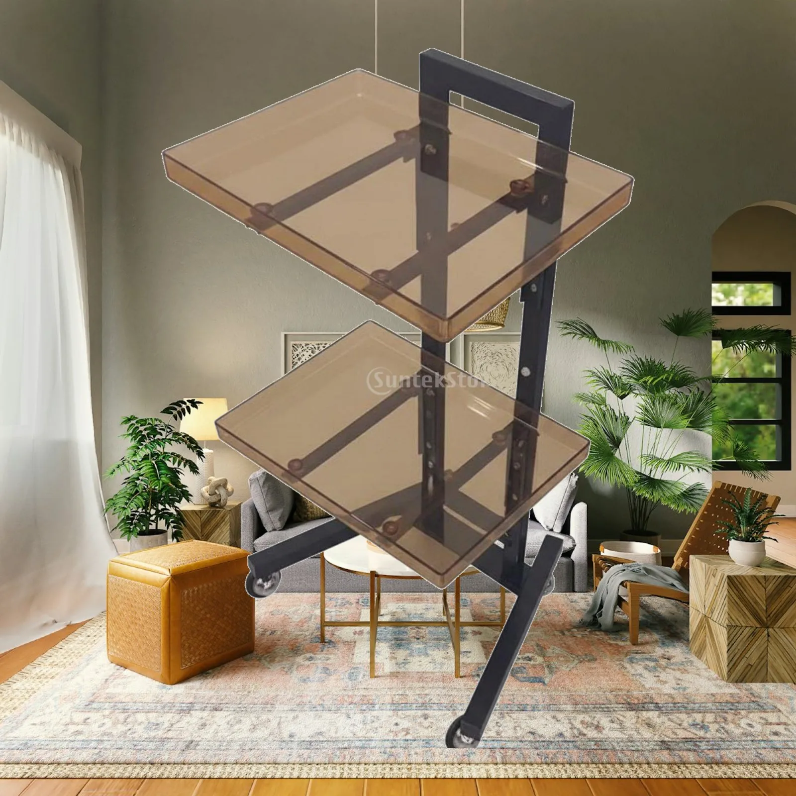Portable Folding Steel Cart Easy Storage Double Tray Utility Trolley for Hairdresser and Beautician