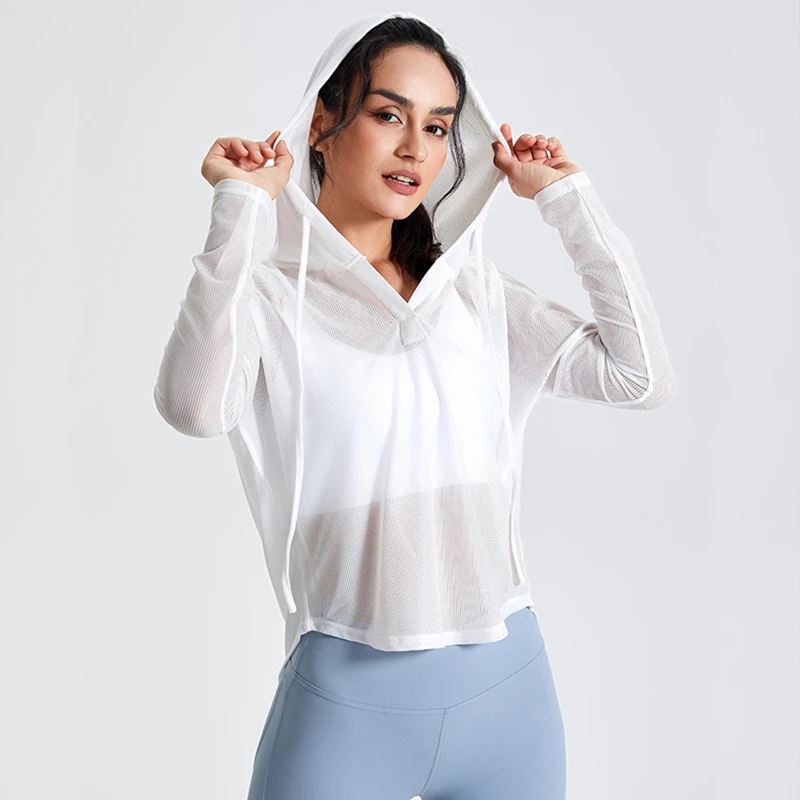 Women Sport Hoodies Thin Loose Yoga Shirt Long Sleeves Running Shirt Anti-UV Sweatshirts Girls Hollow Out Gym Fitness Hooded Top