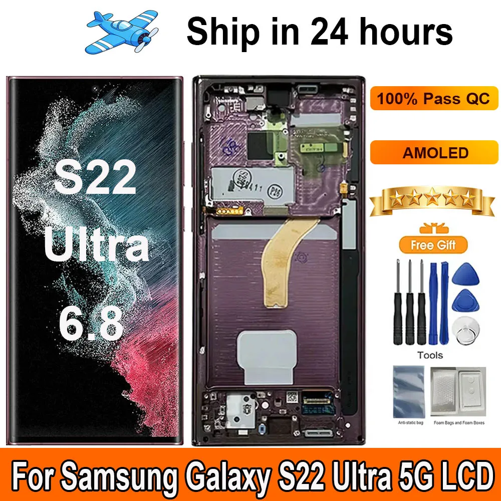 

AMOLED 6.8‘‘120hz For Samsung Galaxy S22 Ultra 5G Display LCD Touch Screen With Frame Display Replacement Support S Pen SM-S908