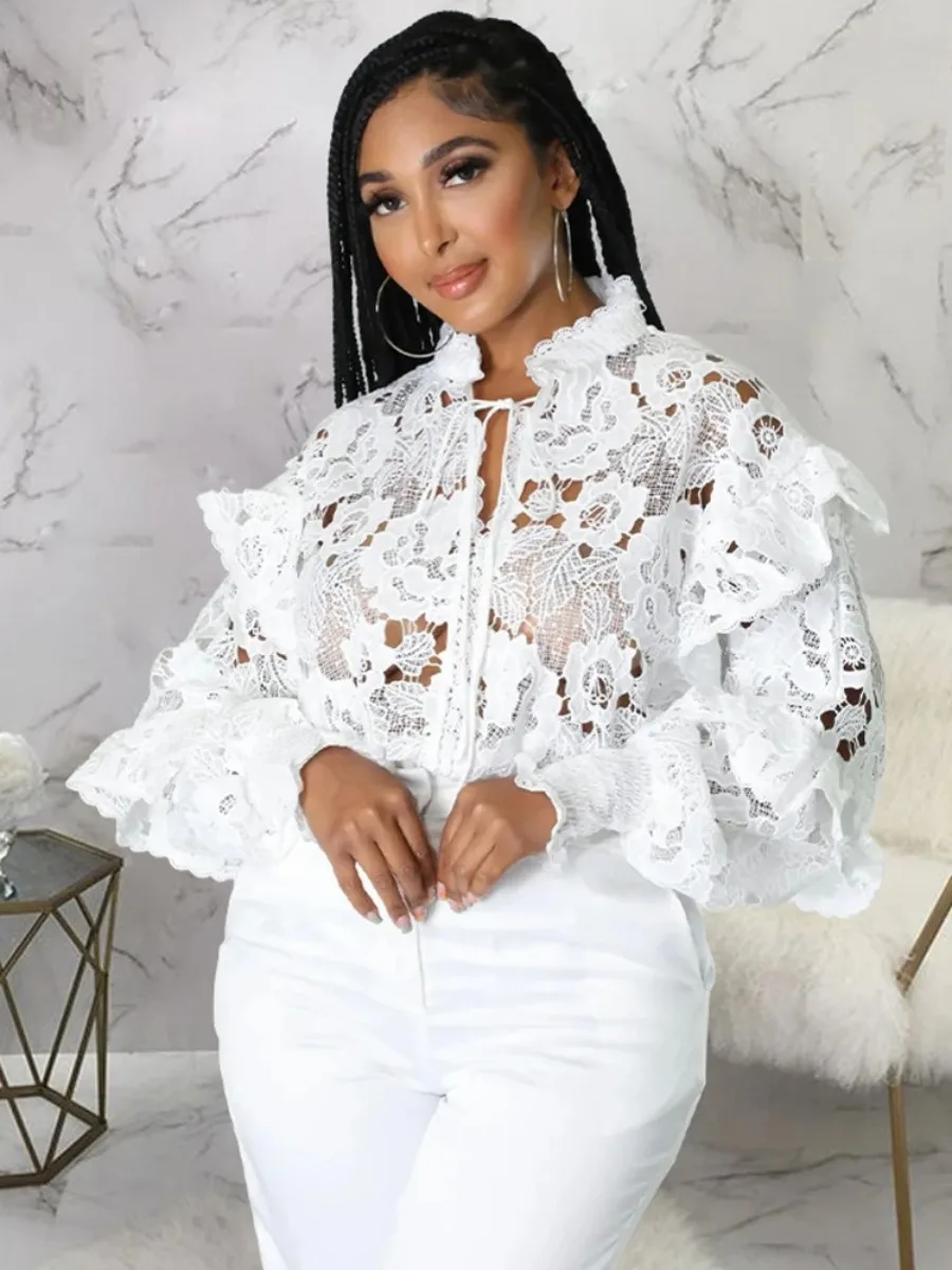 

Dashiki African Shirts For Women Elegant Long Sleeve Hollow Out Lace Sheer See Through Top Blouse Clothing 2022 New Autumn