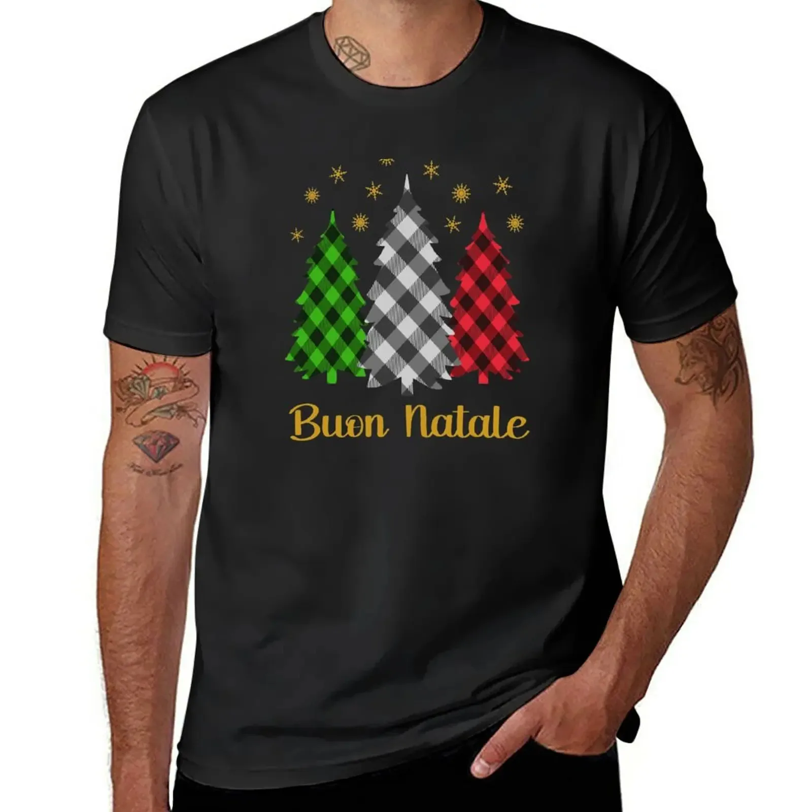 Buon Natale-Camiseta italiana de vacaciones para hombre, camisa de Anime con estampado de árboles de Navidad a cuadros de Búfalo, color blanco liso