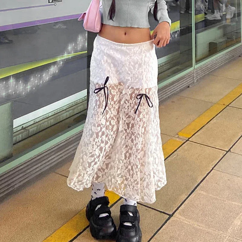 

2025 New Vintage Dark Harajuku Kwaii Y2k Lace Bow Midi Skirts Gothic Bow A-line Korean Skirt Women's Sexy Summer Cute Streetwear