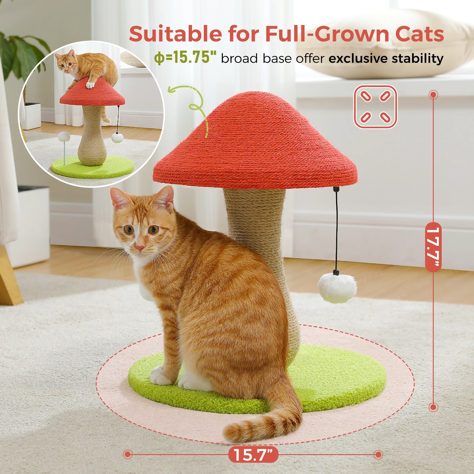 Cute Cat Scratching Post with Natural Sisal Ropes Cat Scratcher for Kitten Mushroom Small Cat Tree for Indoor Pet Cat Toys