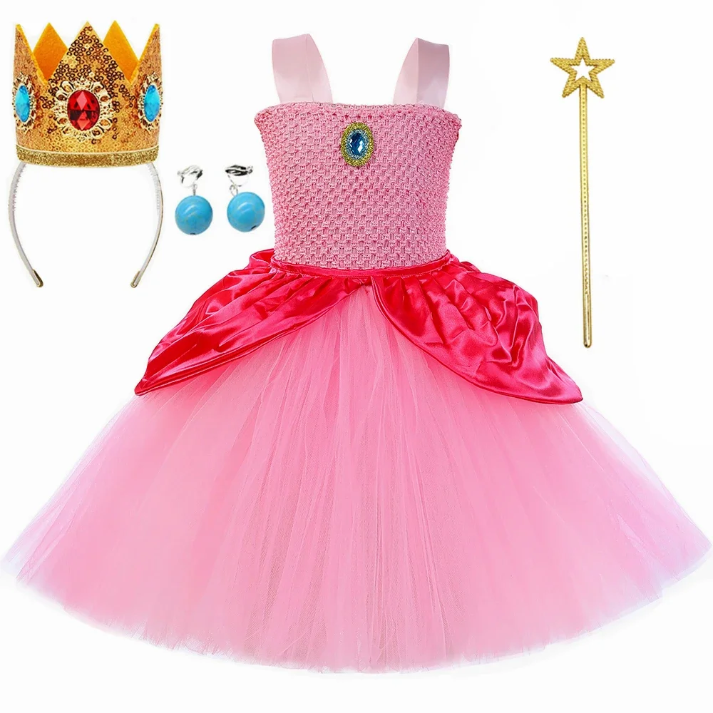 Queen Peach Princess Dress Costume for Girls Birthday Party Tulle Tutu Dresses Ball Gown Kids Halloween Carnival Cosplay Clothes