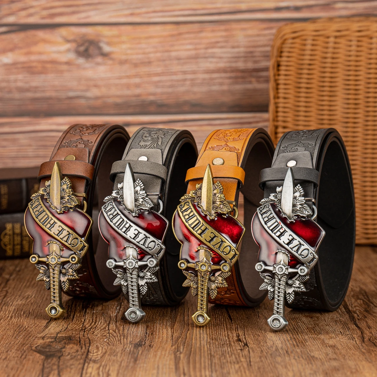 One Arrow Through the Heart Large Plate Buckle Vintage Crested Pattern High Embossment Casual Fashion Belt Unisex Belt