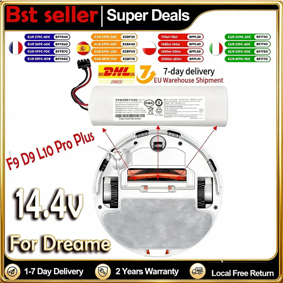 P2008-4S2P-MMBK Originale per Robot Aspirapolvere e Lavapavimenti Dreame D9 F9 L10 L10 Pro, Batteria agli Ioni di Litio 14.4V 12800mAh 4INR19/66-2