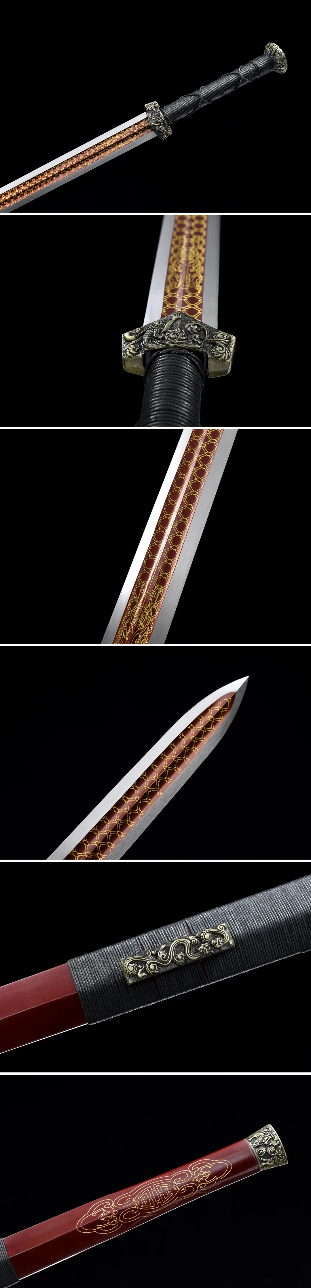 83cm Chinese traditional short sword warrior blade sharp katana full tang Weapons spring steel double groove pyrography red gilt